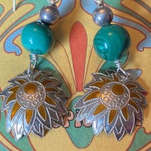 Malachite Sterling Enamel Art Deco Wildflower dangle earrings